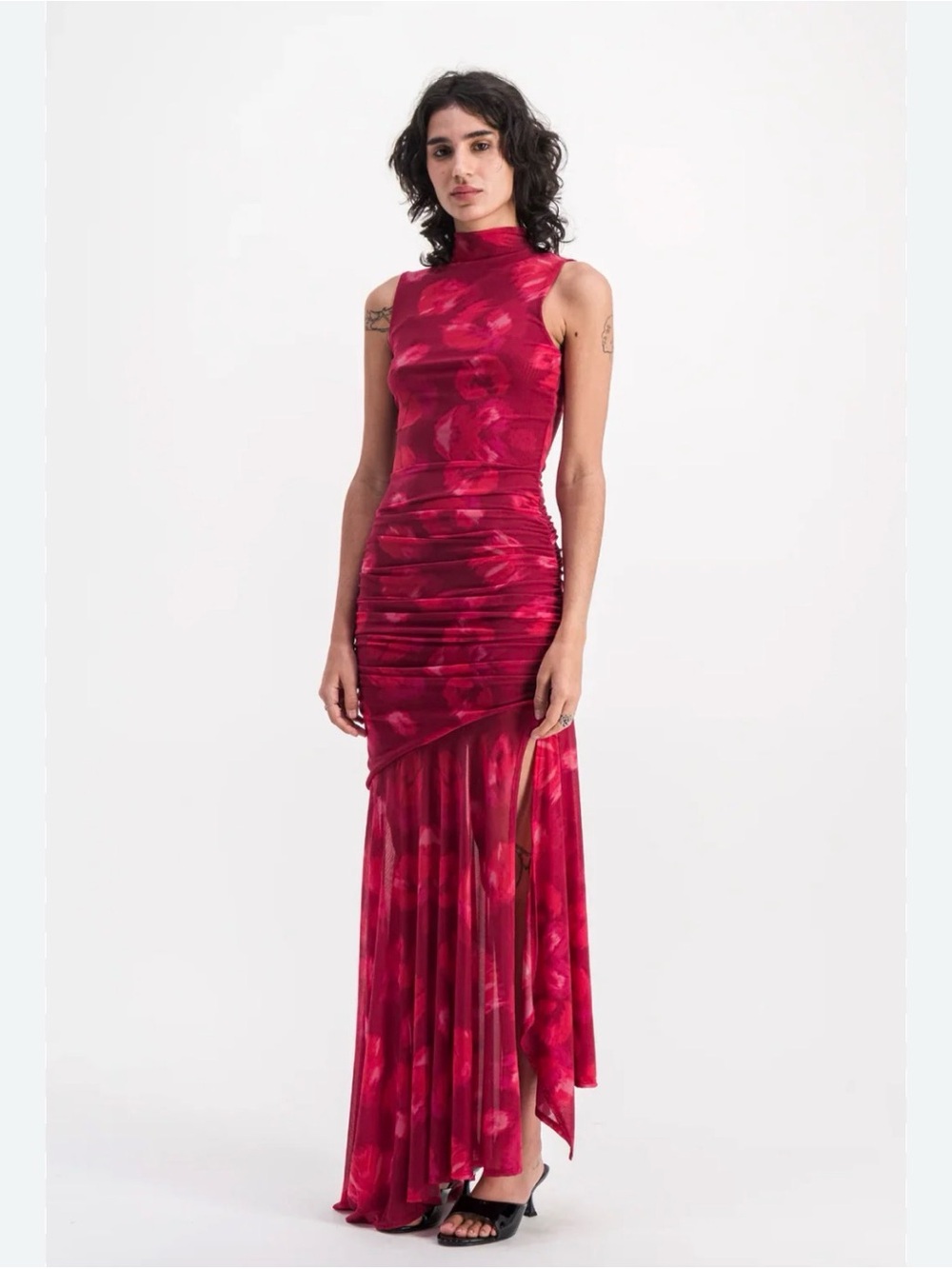 Mesh Maxi Dress in Fuchsia Pink and Burgundy - Saemdi sold at Free People